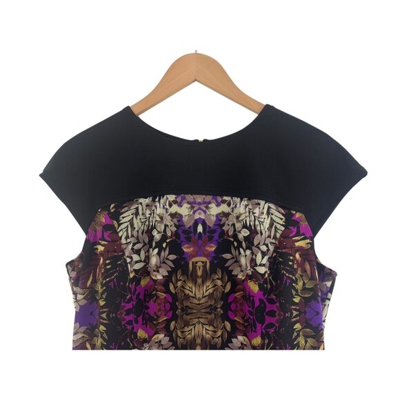 Maggy London Purple Black Fall Leaf Print Sheath Shift Dress Size 16 Office Work - Picture 3 of 8
